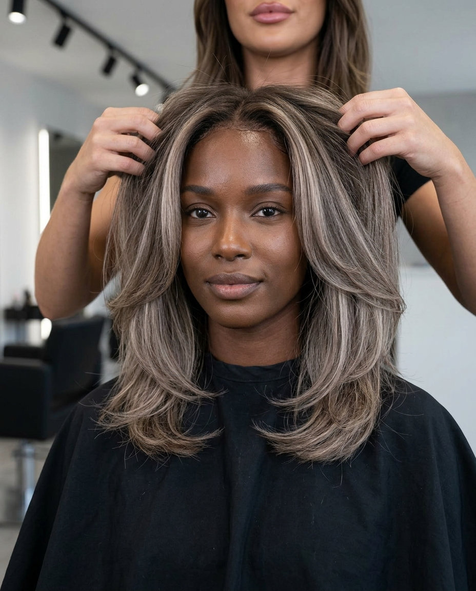 long layered taupe mushroom balayage with cool beige, effortless dimension for summer 2026