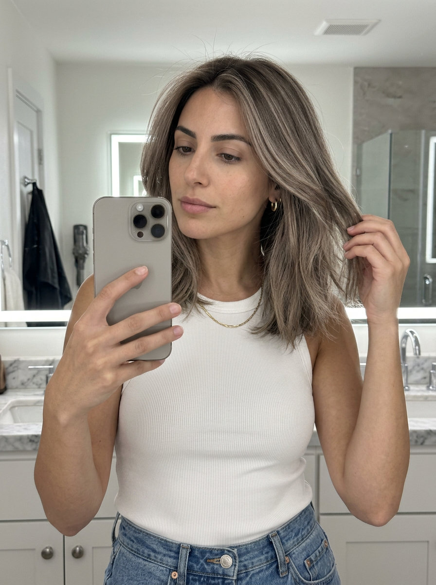 long taupe mushroom brown hair color with foilayage, soft layers, no fringe — effortless chic dimension