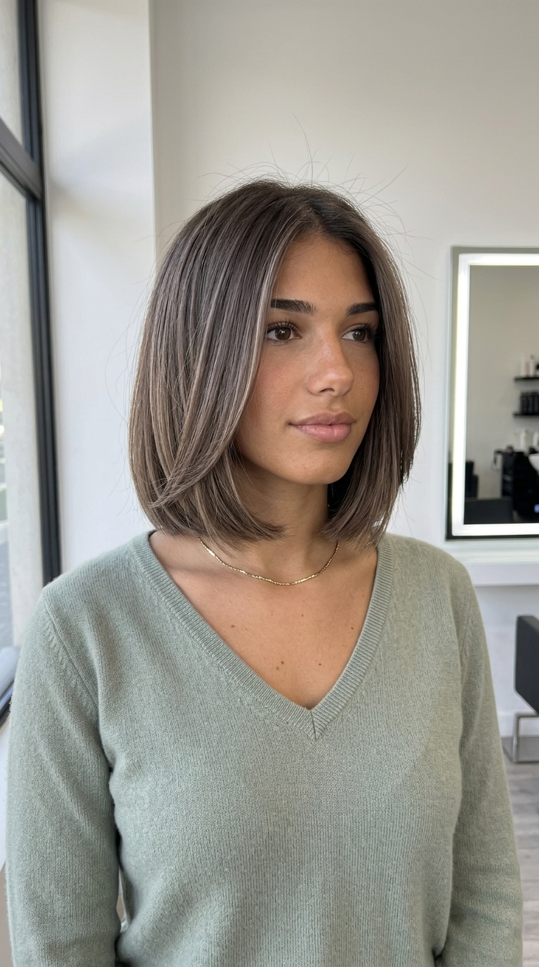 shoulder-length Italian bob mushroom brown balayage with ash beige, hand-painted ribbons, blunt ends — chic, minimalist, sophisticated