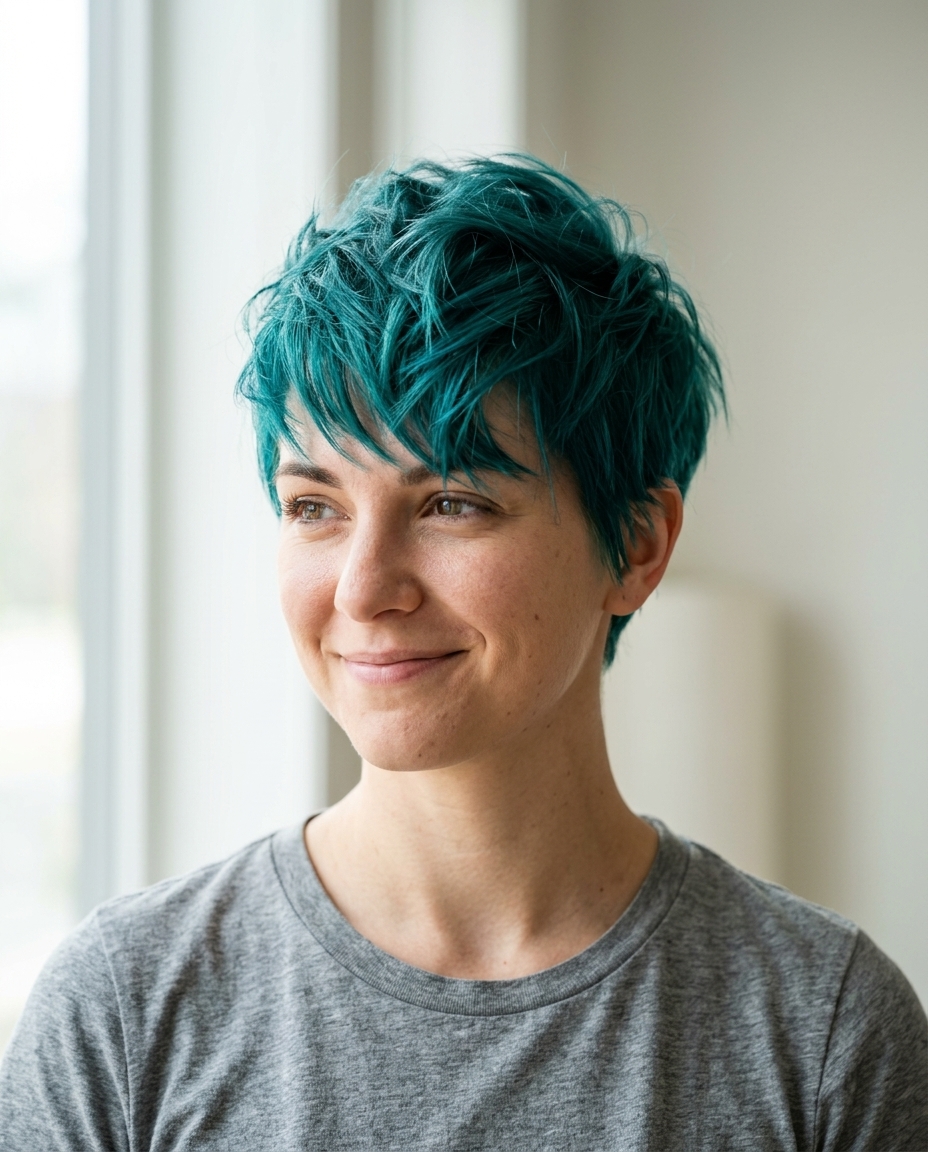 very short pixie haircut with electric teal, asymmetrical micro-fringe, textured layers for summer