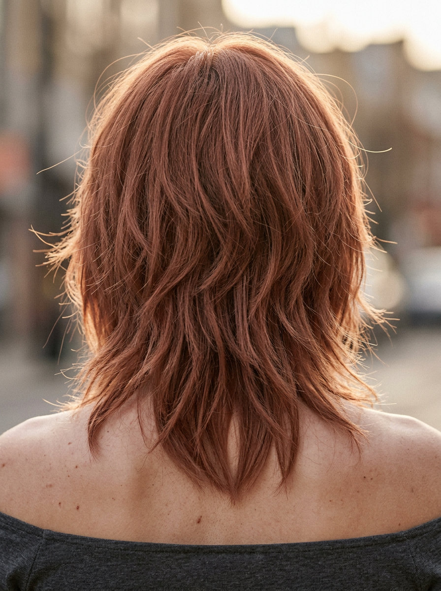 Terracotta Auburn Shag 2026 mid-length terracotta auburn shag with choppy layers and eyebrow bangs — edgy bohemian