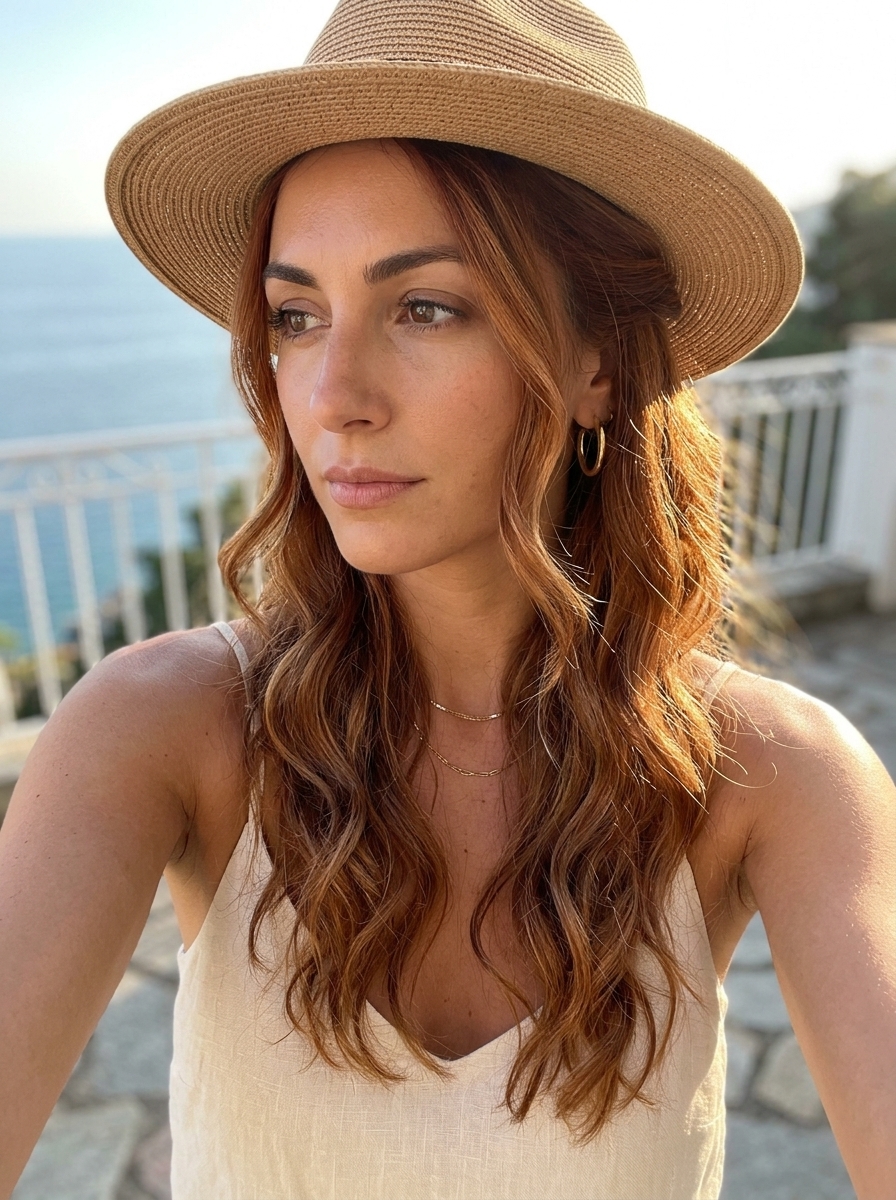 long beachy waves with terracotta copper, subtle honey highlights, fedora — sophisticated summer outing