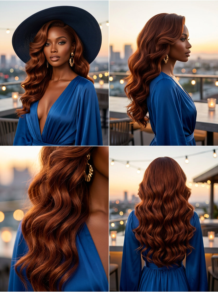 long terracotta copper beachy waves with auburn undertones, chunky texture, and wide brim hat