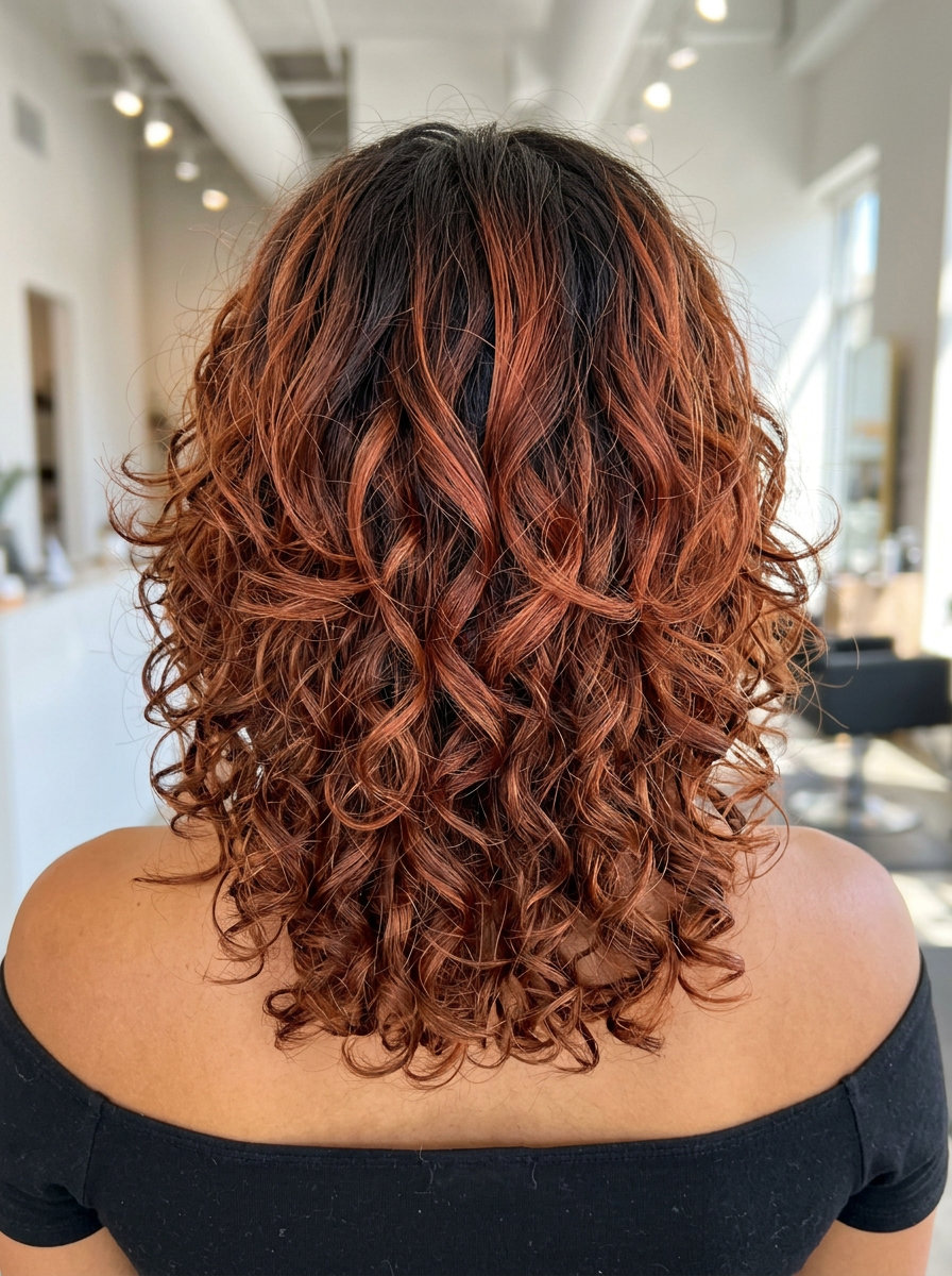 medium terracotta copper butterfly haircut with dark root, curly wings, no bangs — bold festival