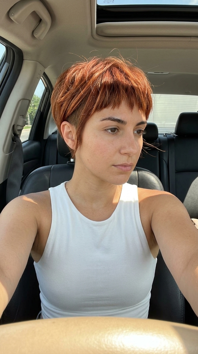 Bold Terracotta Copper Pixie with Textured Bangs 2026 very short pixie haircut with terracotta copper, choppy layers, textured bangs for festival