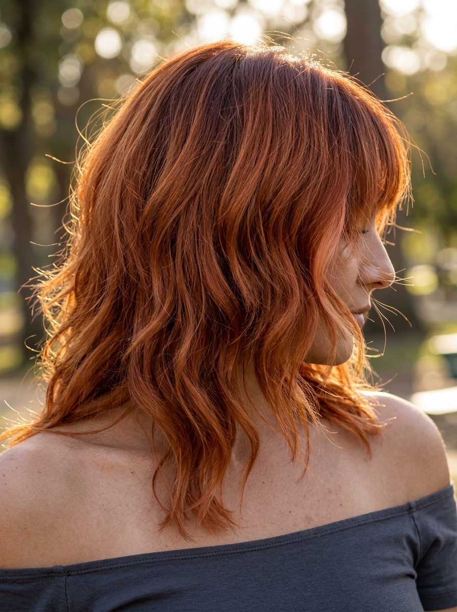 Boho Terracotta Shag with Bottleneck Bangs 2026 medium shag haircut with terracotta copper and auburn roots, bottleneck bangs — playful boho