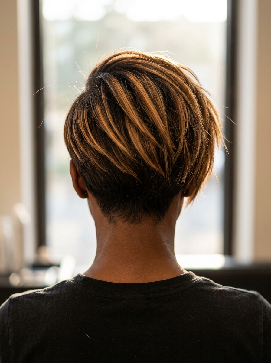 short asymmetric balayage with toffee ribbon caramel, internal layering, sweeping face-framing — playful textured crop
