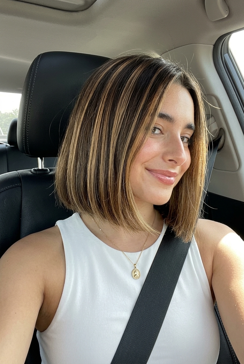 chin-length italian bob with toffee ribbon balayage, internal layering, no bangs — chic & confident