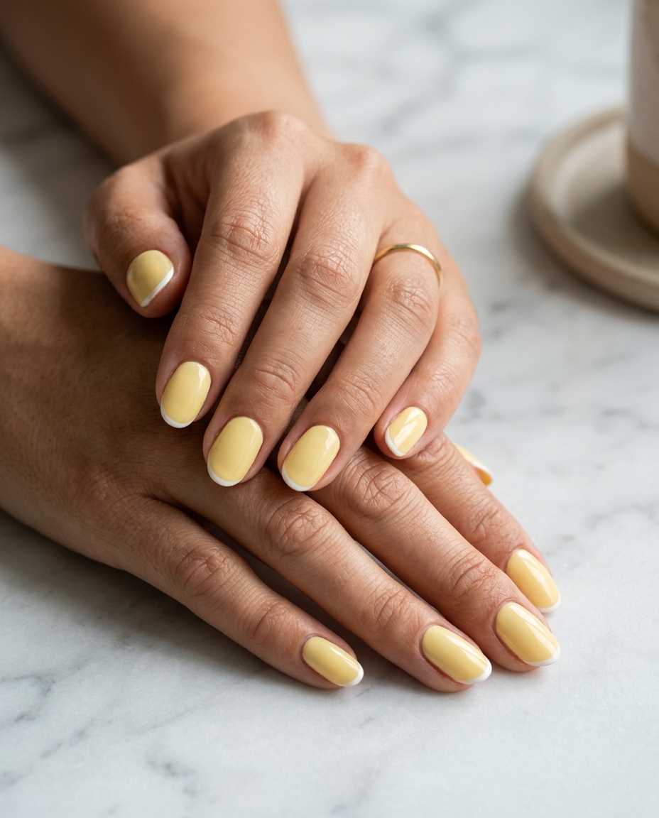 Trending summer nails 2026: Butter Yellow micro French oval nails for a romantic and elegant bridal shower look.