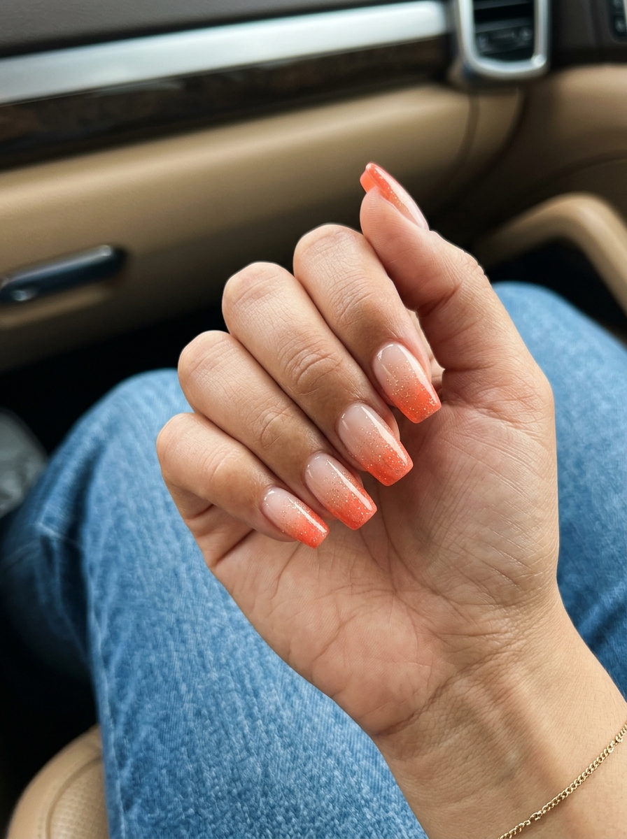 Trending summer nails 2026: Sunset coral glitter ombre on square nails with a sheer nude base. Glamorous for events.