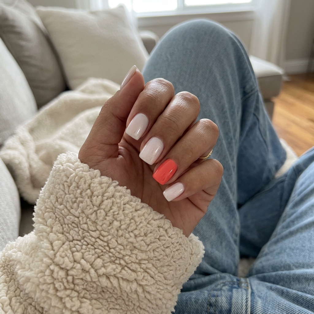Trending summer nails 2026: Coral Pop accent short square nails for a playful and effortless casual look.
