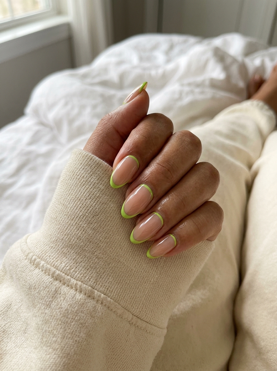 Trending summer nails 2026: Edgy electric lime green cuticle French on almond nails. Bold for parties and festivals.