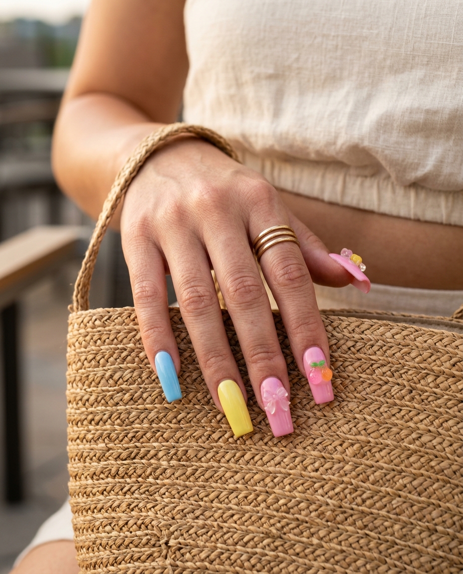 Trending summer nails 2026: Kawaii Charm summer square nails with playful pastel colors and 3D charms.