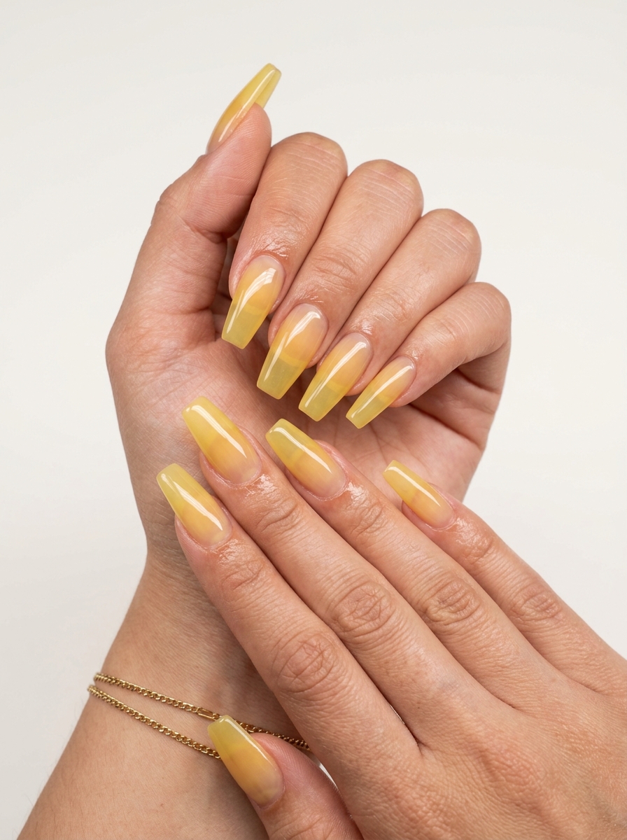 Trending summer nails 2026: Lemonade Jelly coffin nails in translucent butter yellow for a cheerful vacation look.
