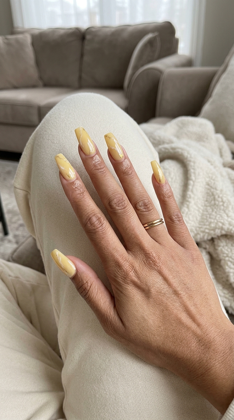Lemonade Marble Coffin: Trending summer nails 2026 in butter yellow, white, and gold foil for formal events.