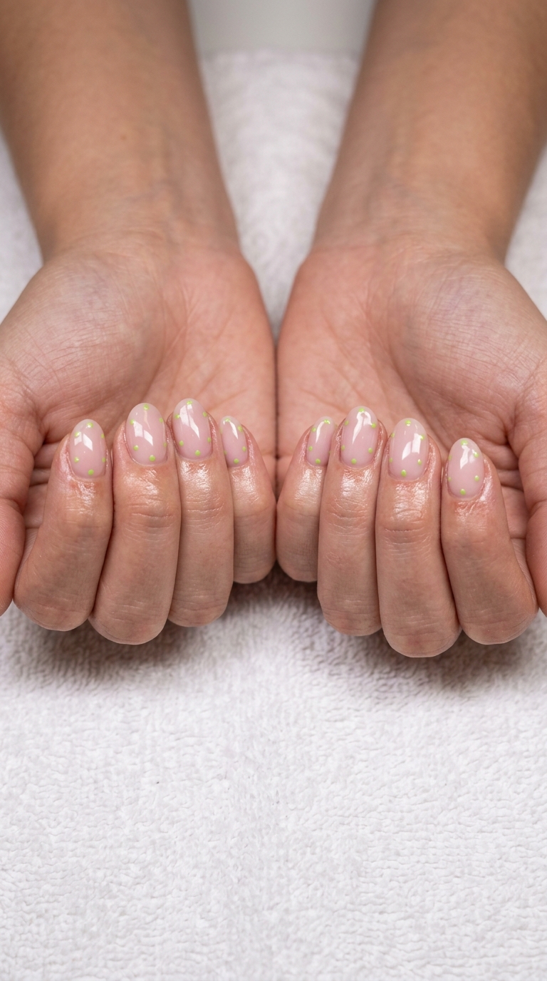 Trending summer nails 2026: Playful lime dot accents on short oval nails with a sheer milky pink base. Perfect for casual outings.