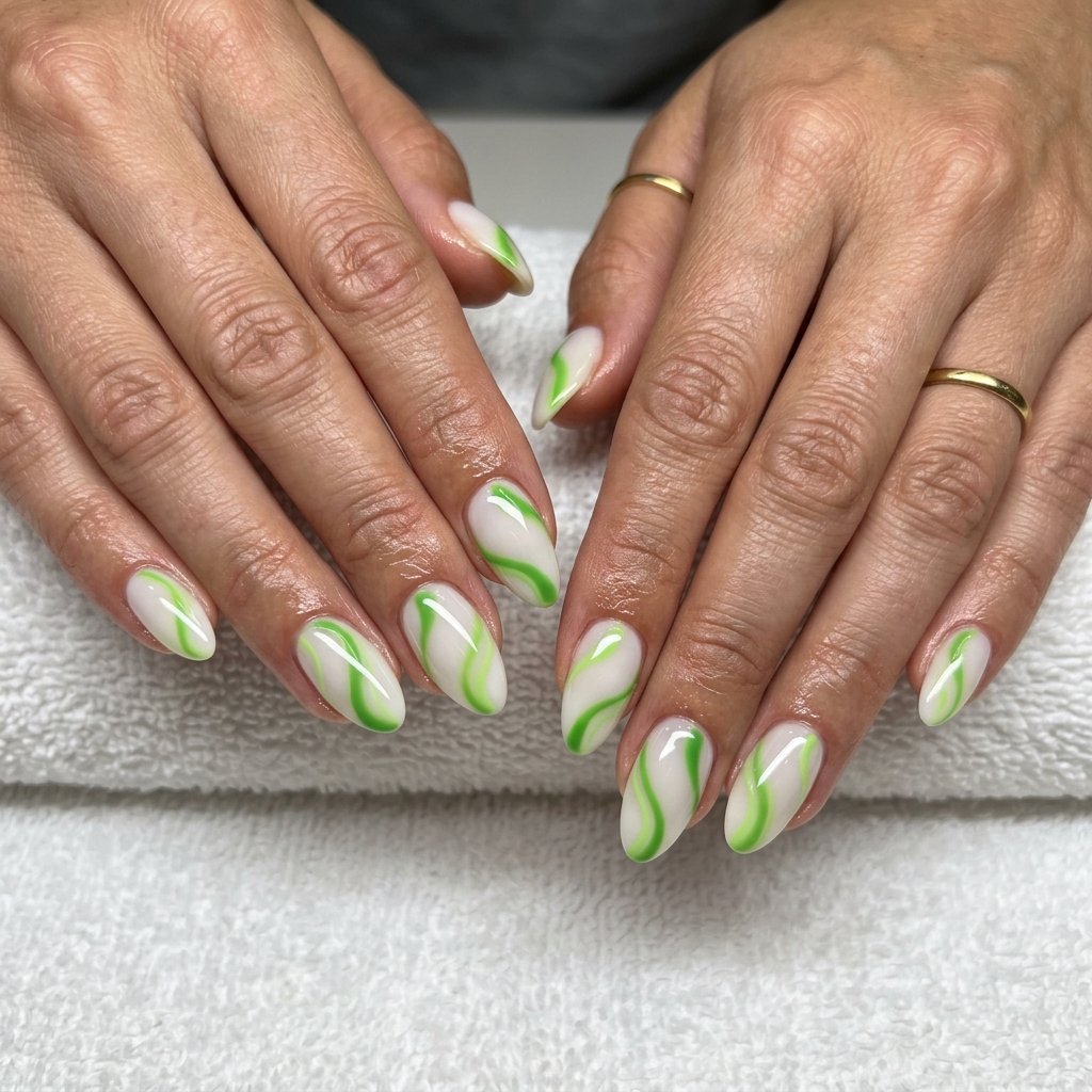 Trending summer nails 2026: Lime Swirls medium almond gel nails with vibrant green swirls on a milky white base.