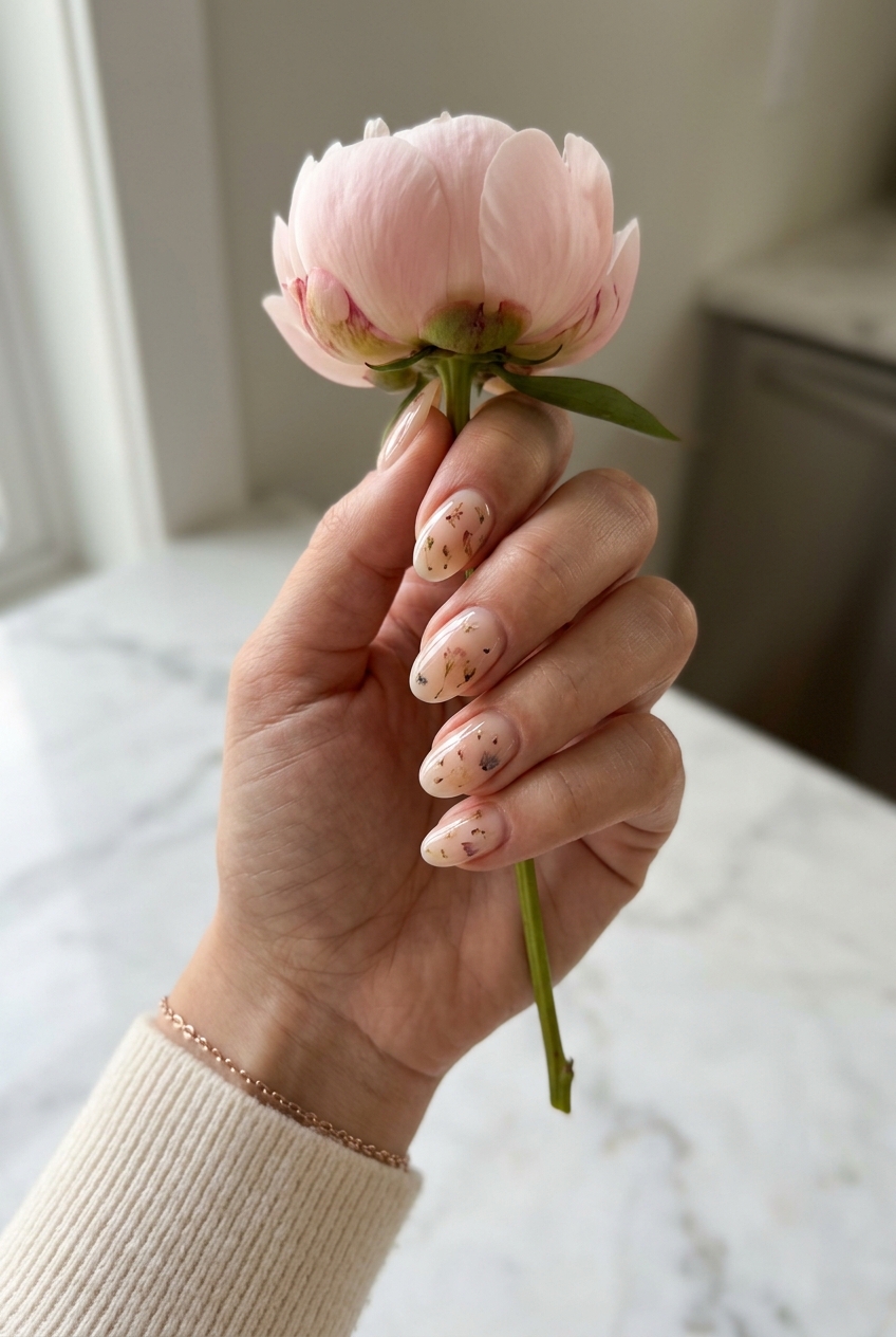 Summer Garden Milk Bath Oval: Trending summer nails 2026 with dried flowers in milky peach for romantic events.