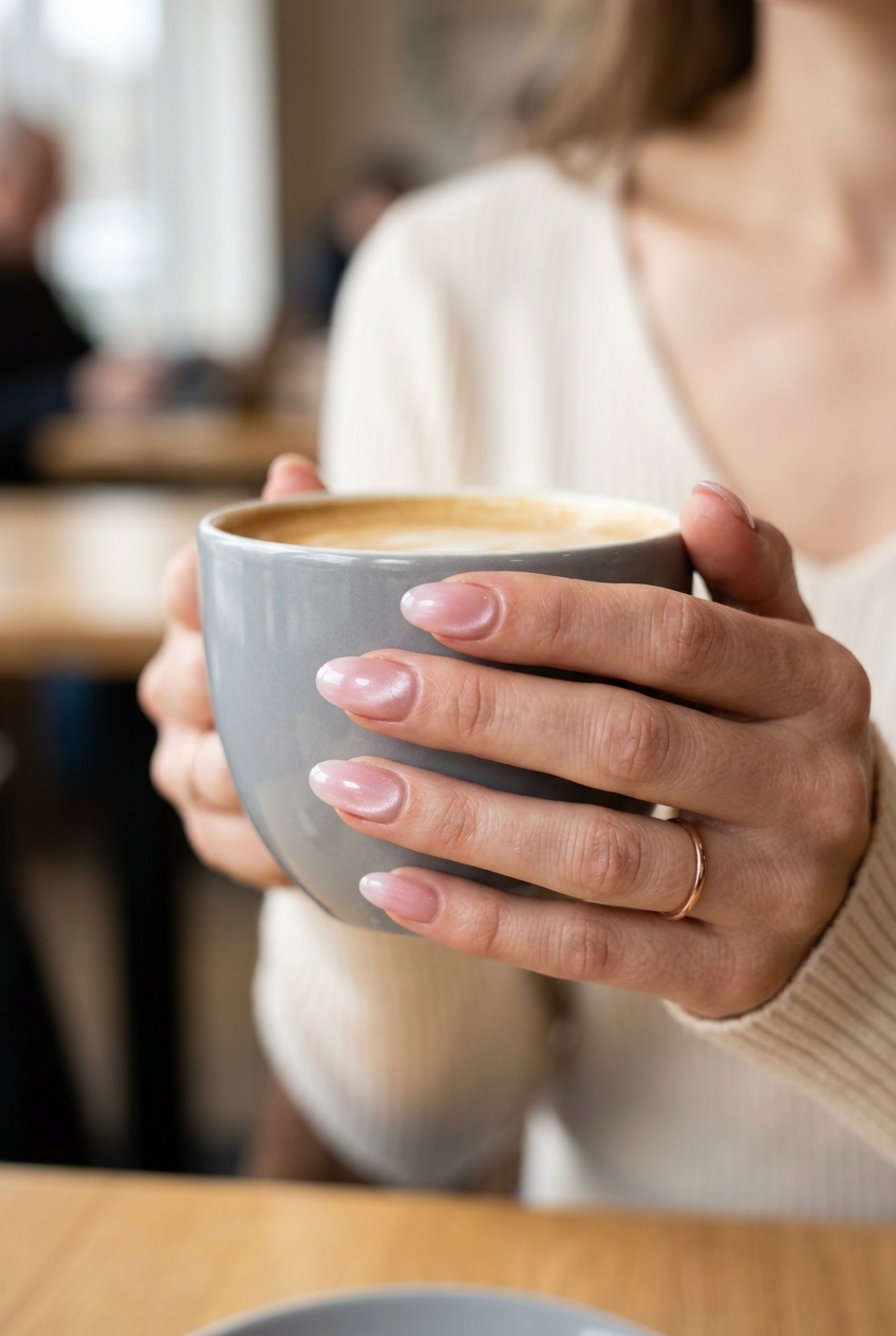 Trending summer nails 2026: Milky Cat-Eye ethereal medium oval nails for a romantic date night.