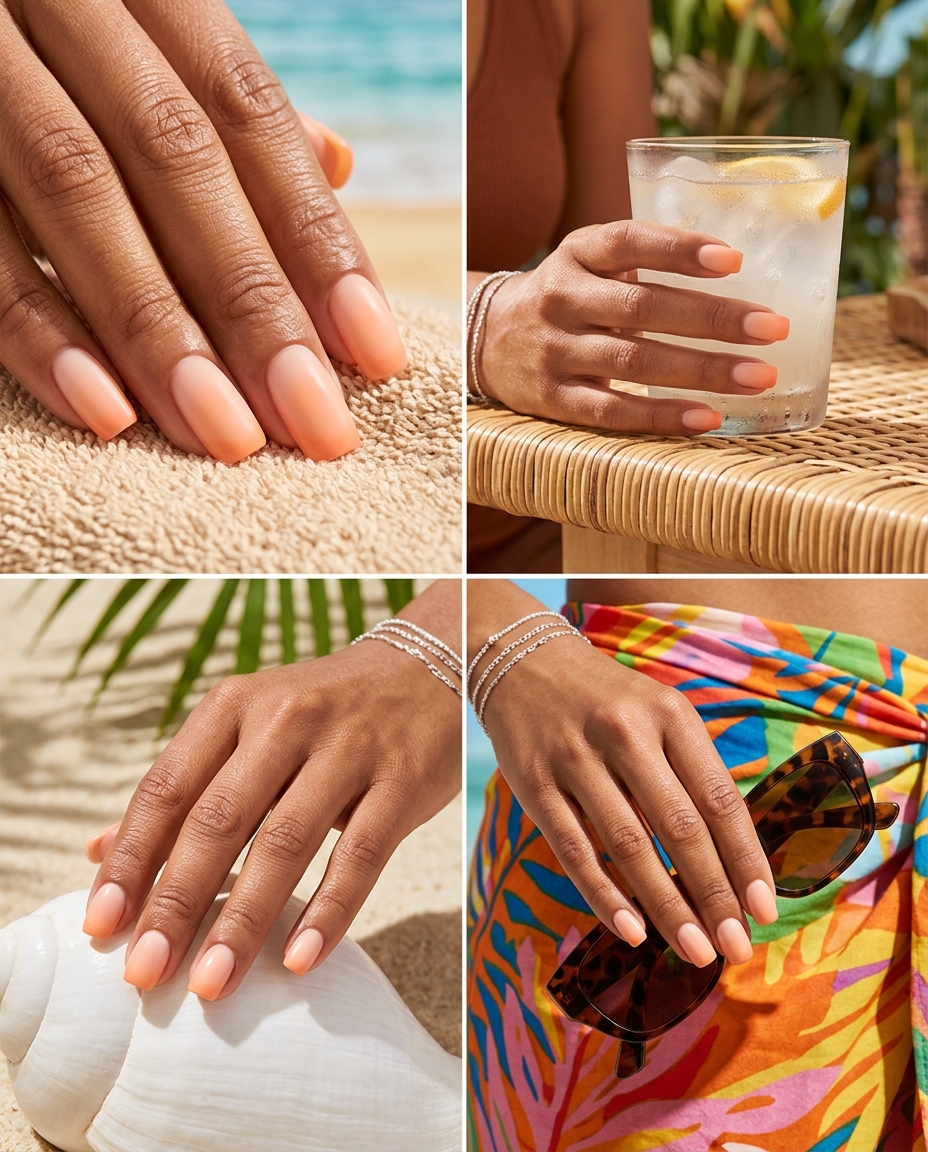 Blended Peach Aura Gradient Square: Trending summer nails 2026 in peach fuzz and soft pink for dates.