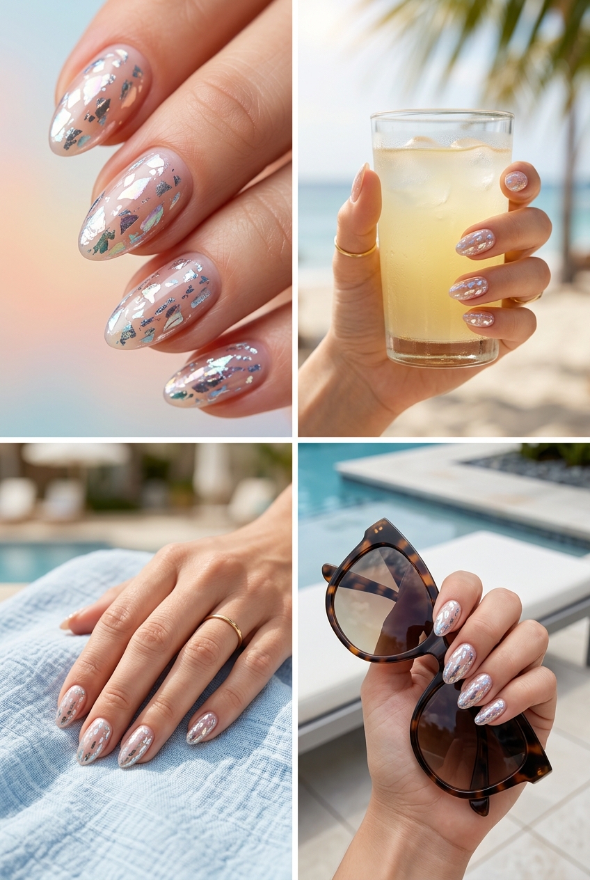 Trending summer nails 2026: Shattered Chrome summer almond nails for a futuristic and glamorous party look.