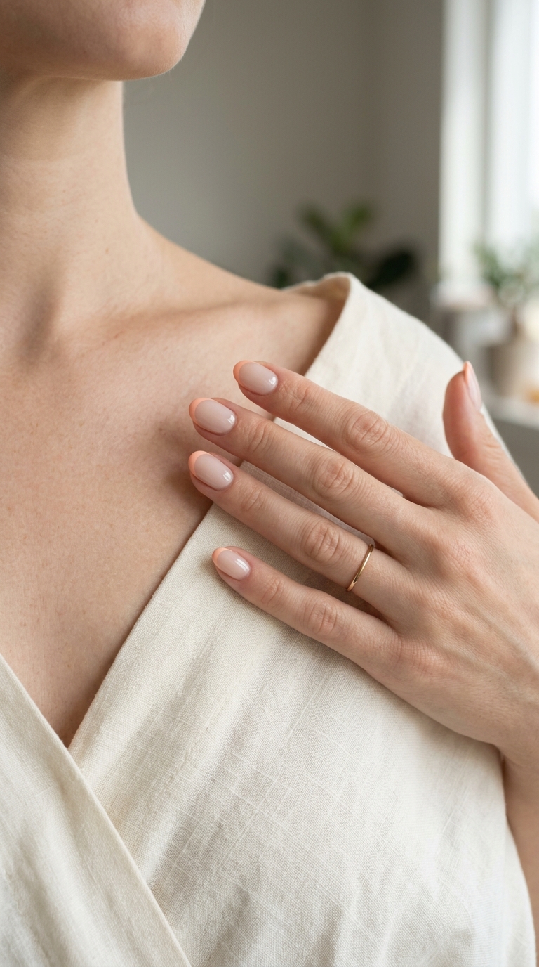 Trending summer nails 2026: Soft Peach micro French short oval nails for elegant daily wear and work.