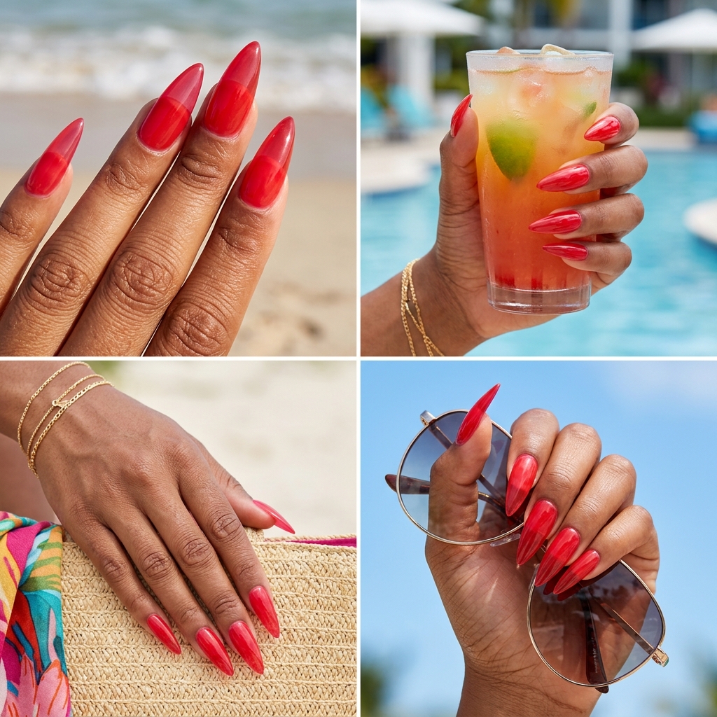 Trending summer nails 2026: Juicy strawberry jelly finish on extra-long stiletto nails. Sultry for date nights.
