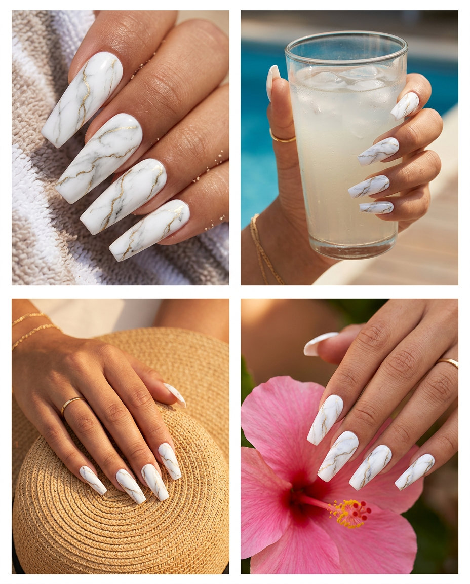 Carrara Marble Gold Veins Nails 2026: Elegant Style Elegant Carrara marble gold veins nails for trendy summer nails 2026, perfect for weddings and formal events.