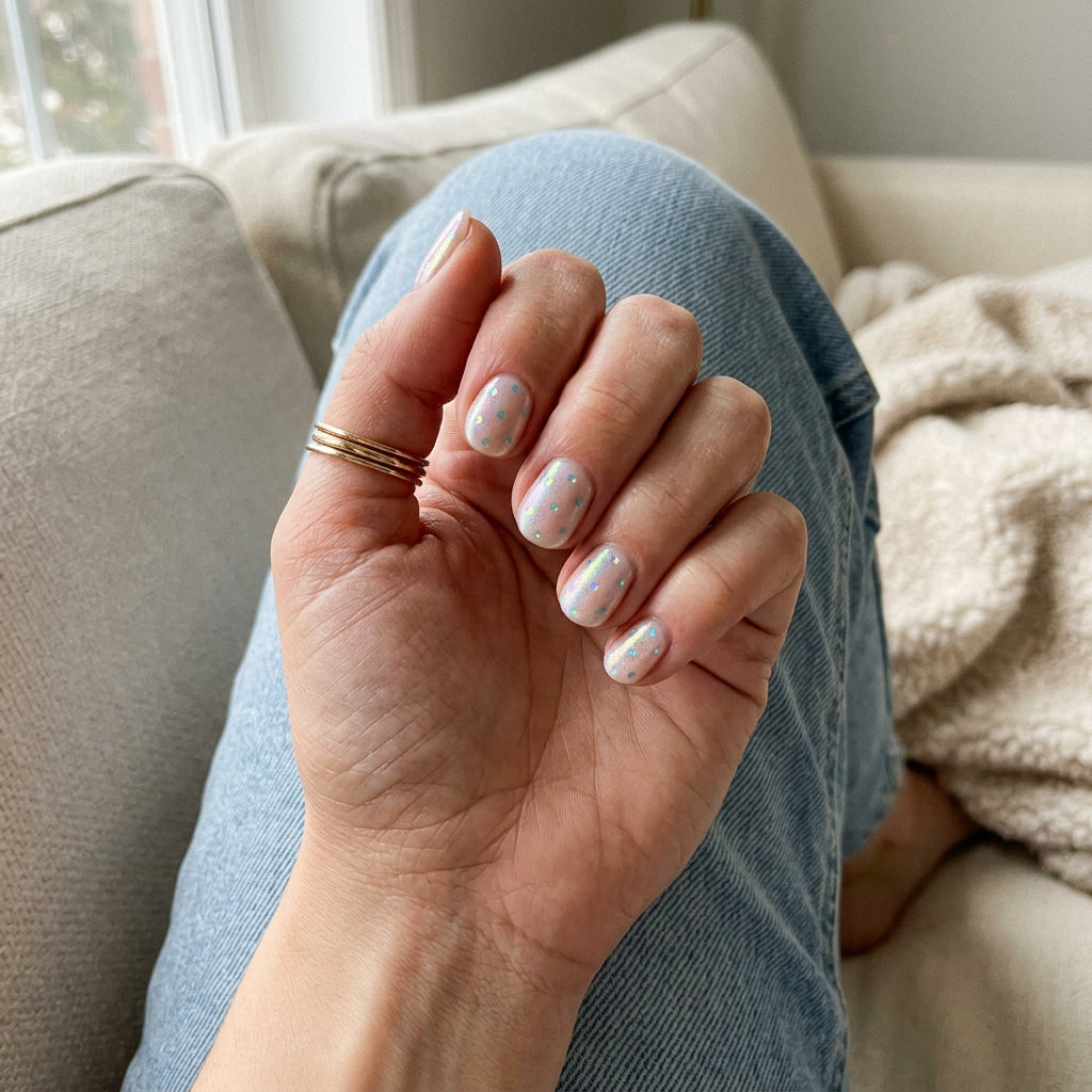 Trendy Summer Nails 2026: Holographic Dots Trendy summer nails 2026: Whimsical cosmic dust holographic dots on short oval nails for casual, playful looks.