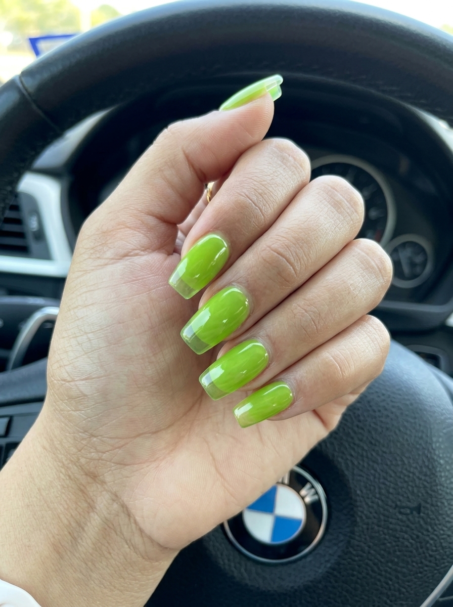 Lime Green Jelly French Tip Nails 2026: Fun Vibes Fun lime green jelly French tip square nails for trendy summer nails 2026, ideal for vacations and festivals.