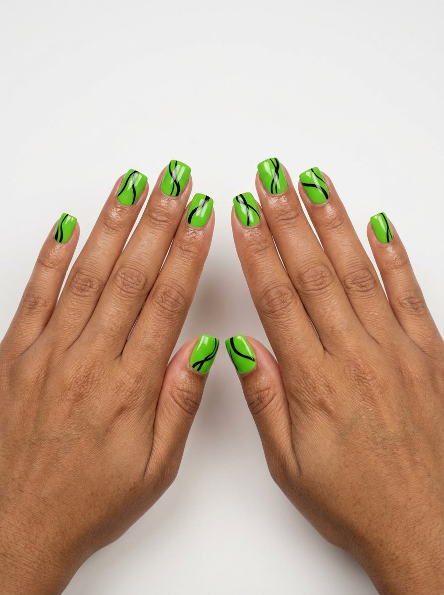 Trendy Summer Nails 2026: Lime Green Lines Trendy summer nails 2026: Edgy lime green abstract lines square nails for casual festivals and summer outings.