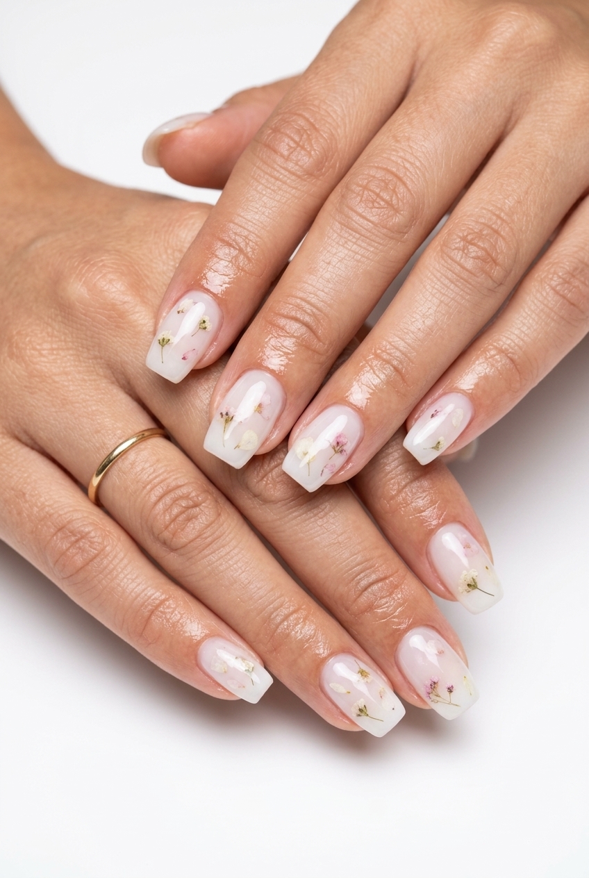 Trendy Summer Nails 2026: Milky White Floral Trendy summer nails 2026: Ethereal sheer white milk bath floral nails for weddings and romantic events.