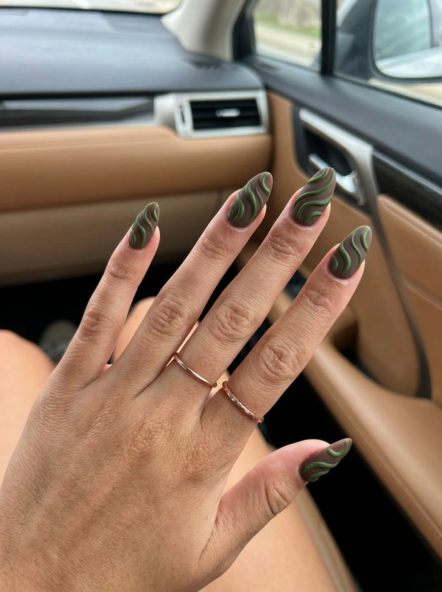 Mossy Swirl Nails 2026: Bohemian Chic Trendy summer nails 2026: Mossy texture swirls medium square nails for festivals and casual wear.