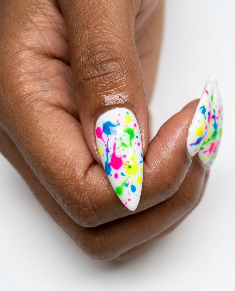 Trendy Summer Nails 2026: Neon Splatter Trendy summer nails 2026: Artistic splatter effect on extra-long stiletto nails for festivals and creative events.