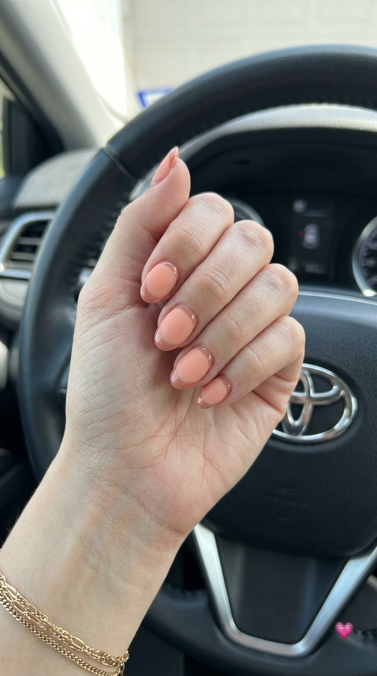 Trendy Summer Nails 2026: Peach Fuzz French Trendy summer nails 2026: Matte peach fuzz reverse French tips on short oval nails for a clean-girl look.