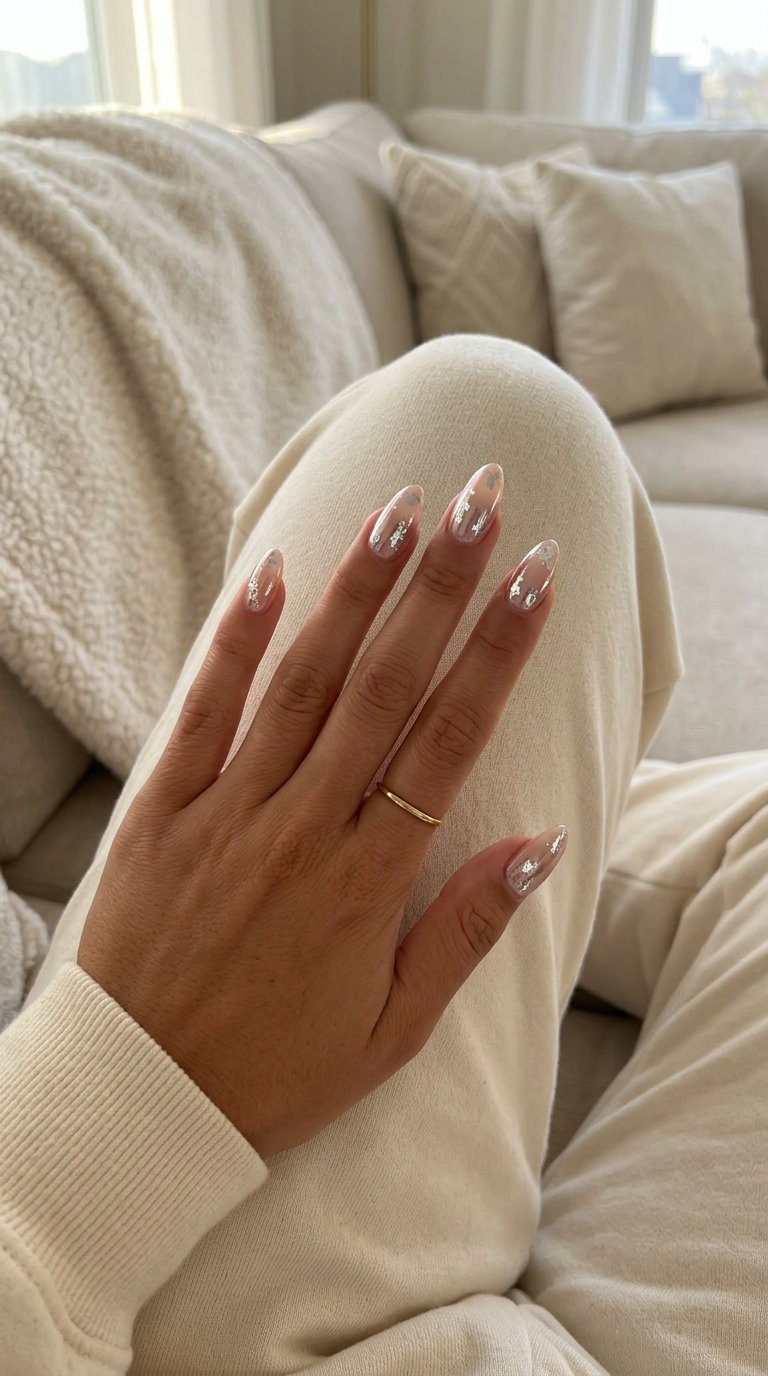 Silver Glaze Flakes Nails 2026: Party Glamour Glamorous shimmering silver glaze with flakes nails for trendy summer nails 2026, ideal for parties and nights out.