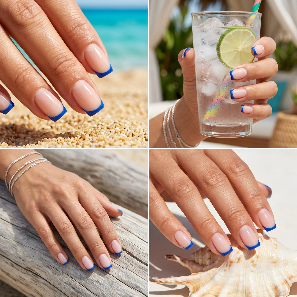 Trendy Summer Nails 2026: Sky Blue Micro French Trendy summer nails 2026: Minimalist sky blue micro French tips on short oval nails for a clean, sophisticated look.