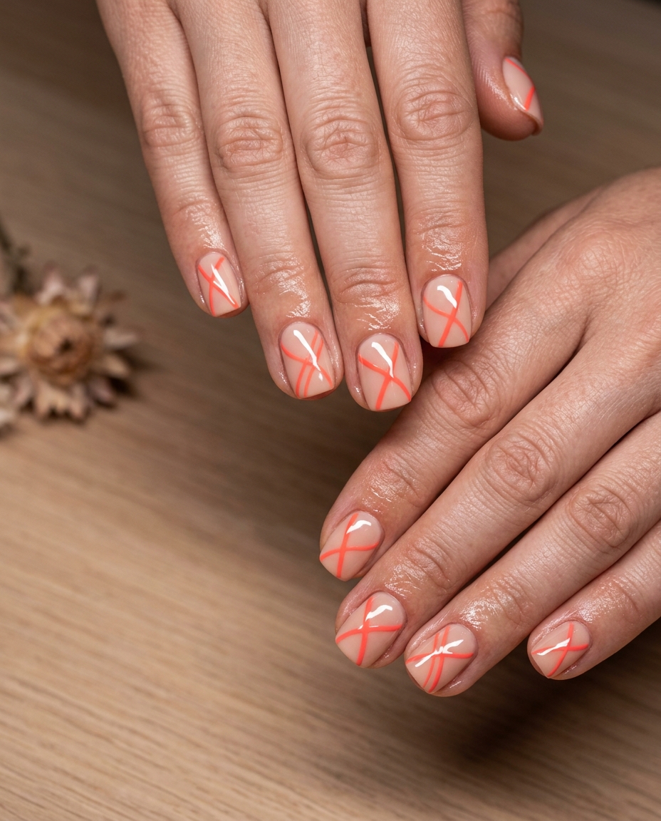 Coral Line Abstract Nails 2026 Coral line abstract short squoval nails, modern tropical nail designs 2026.