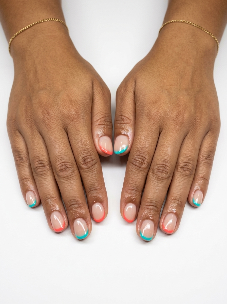 Coral & Turquoise Micro French 2026 Vivid coral and turquoise micro French tips, chic tropical nail designs 2026.