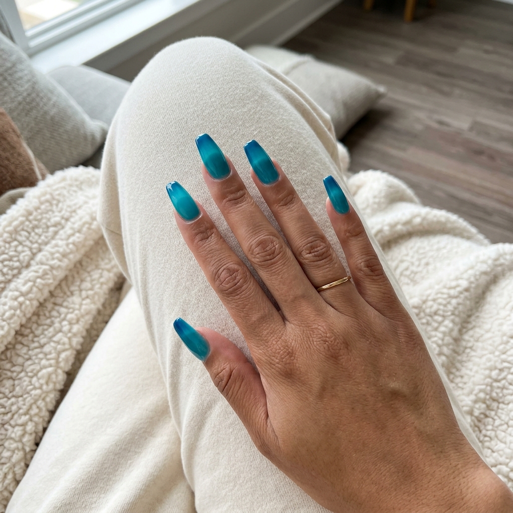 Electric Turquoise Jelly Ombre 2026 Electric turquoise jelly ombre nails, a refreshing choice for tropical nail designs 2026.