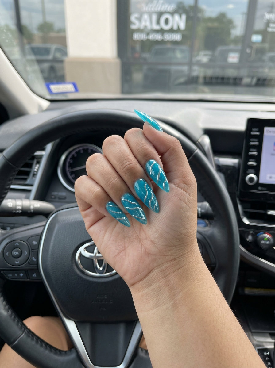 Electric Turquoise Ripple Tropical Nails 2026 Electric turquoise water ripple effect tropical nail designs 2026 for casual wear and beach vacations.