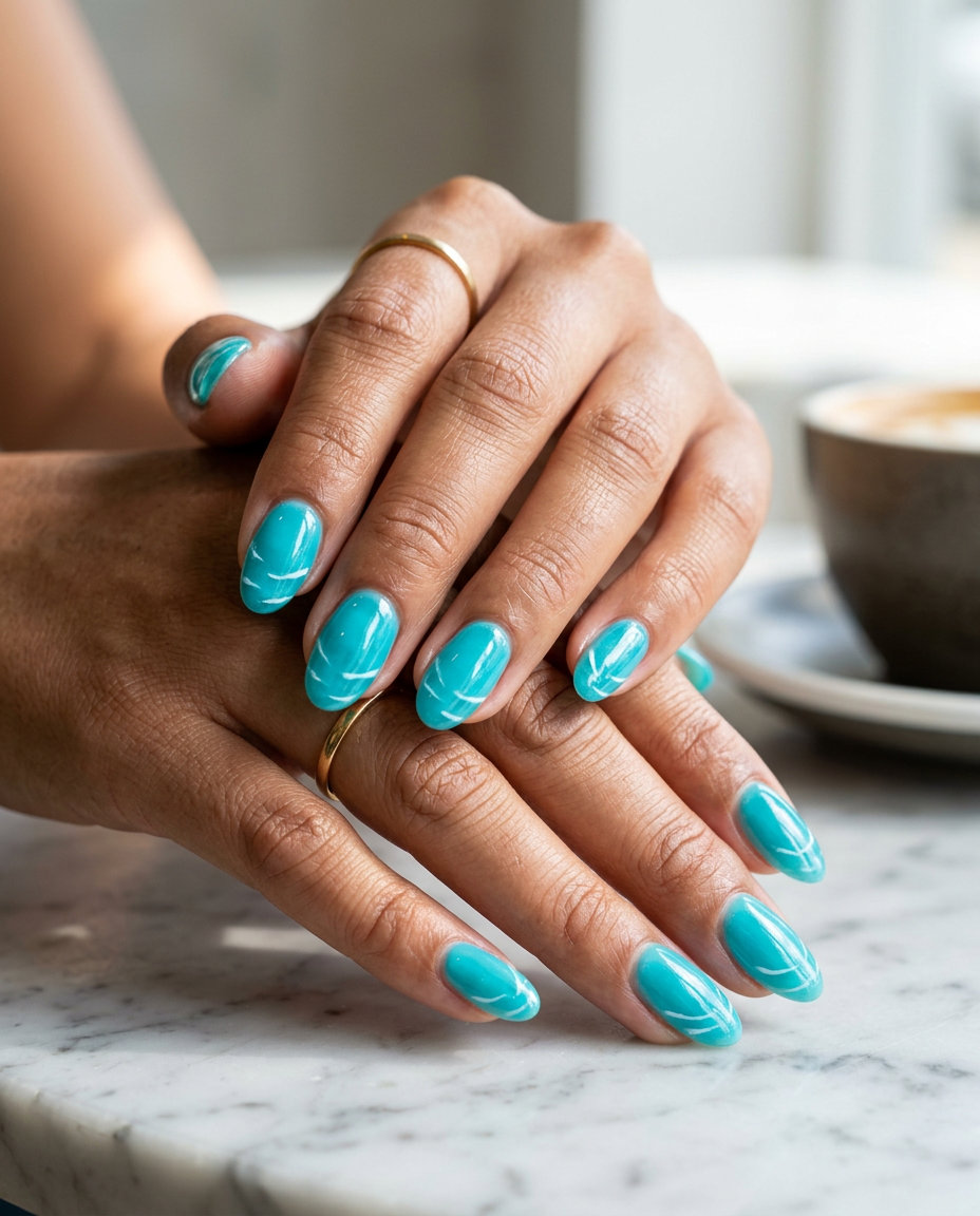 Electric Turquoise Water Ripple Tropical Nails 2026 Electric turquoise water ripple effect tropical nail designs 2026 for daily wear and vacations.