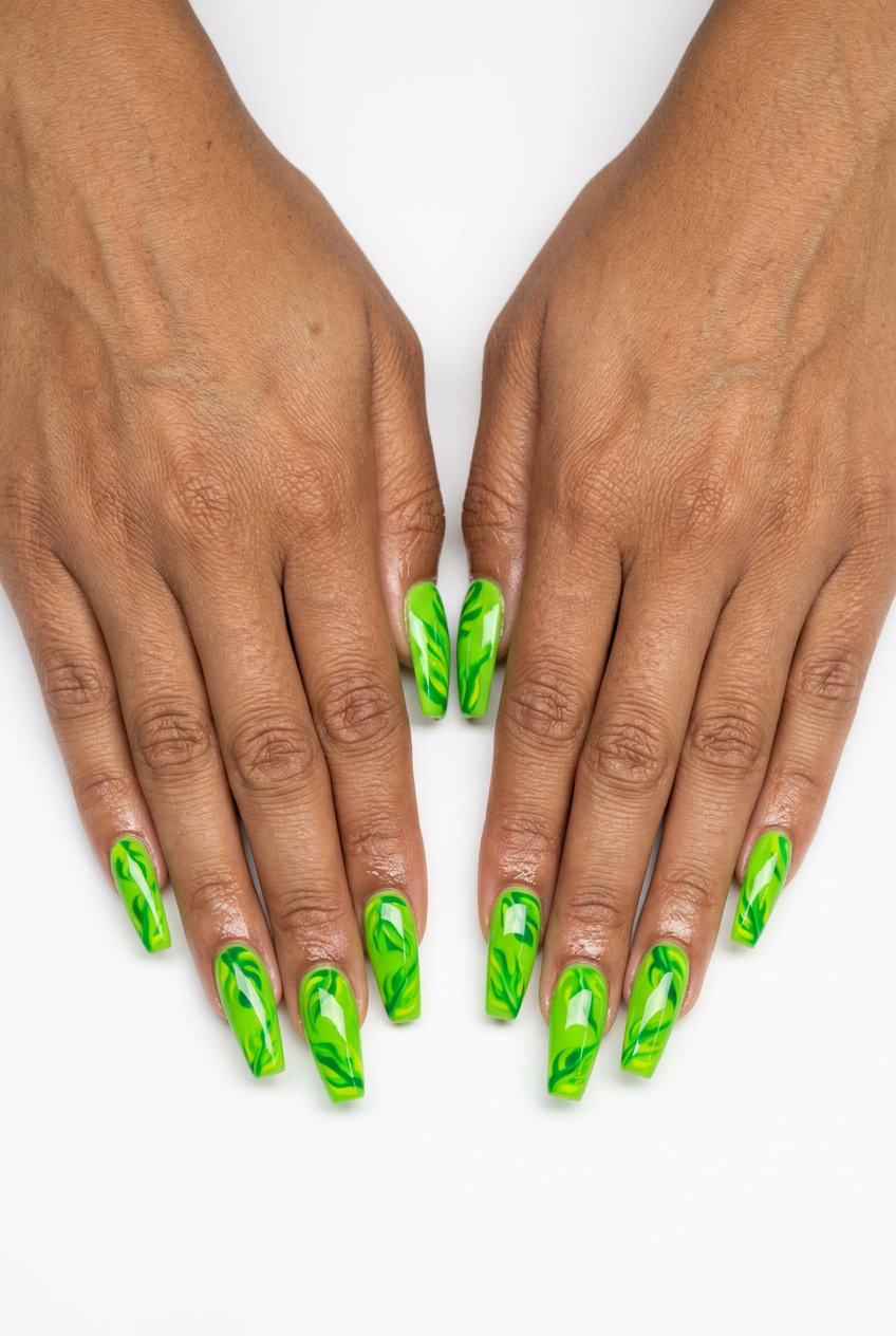 Lime Green Leaf Swirls 2026 Lime green leaf swirl minimalist nails, fresh tropical nail designs 2026.