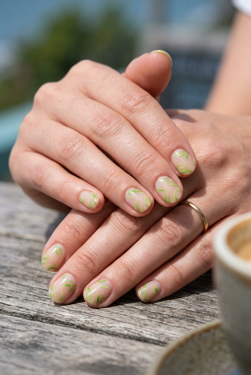 Lime Green Leaf Swirls Minimalist 2026 Lime green leaf swirl minimalist nails, understated tropical nail designs 2026.