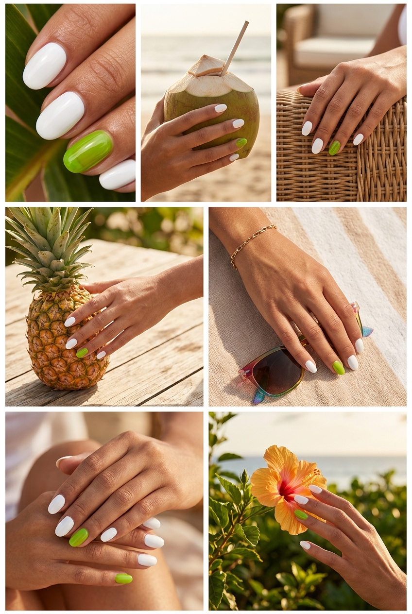 Tropical Nail Designs 2026: Lime Jelly Accent Tropical nail designs 2026: Vibrant lime green jelly accent nail with opaque white for a clean, spring refresh outfit.