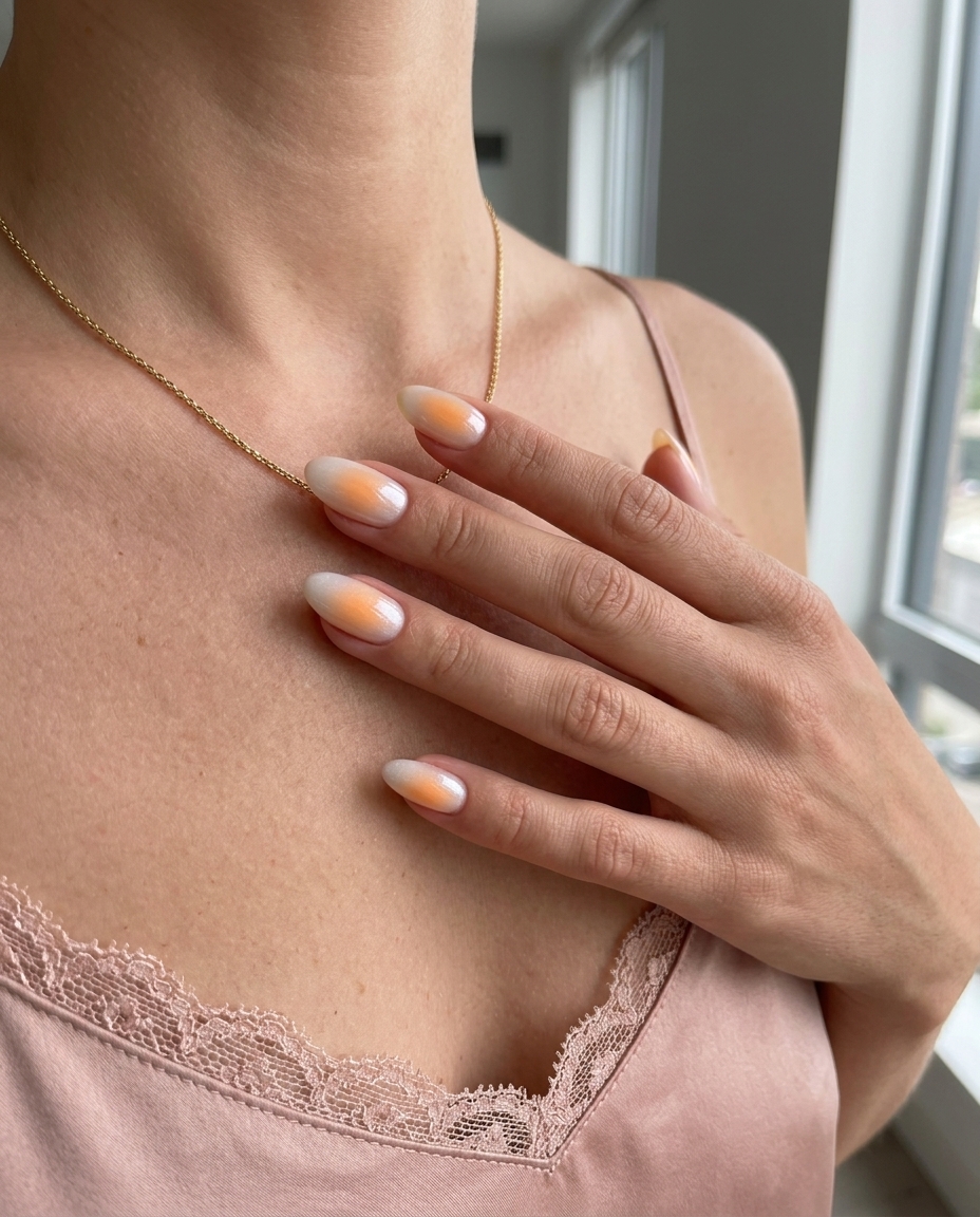 Mango Orange Sunset Aura Tropical Nails 2026 Mango orange sunset aura effect tropical nail designs 2026 for date nights and romantic dinners.