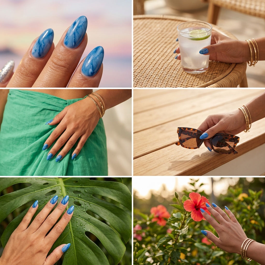 Tropical Nail Designs 2026: Ocean Marble Tropical nail designs 2026: Marbled ocean blue and white with silver shimmer for a sophisticated formal event outfit.