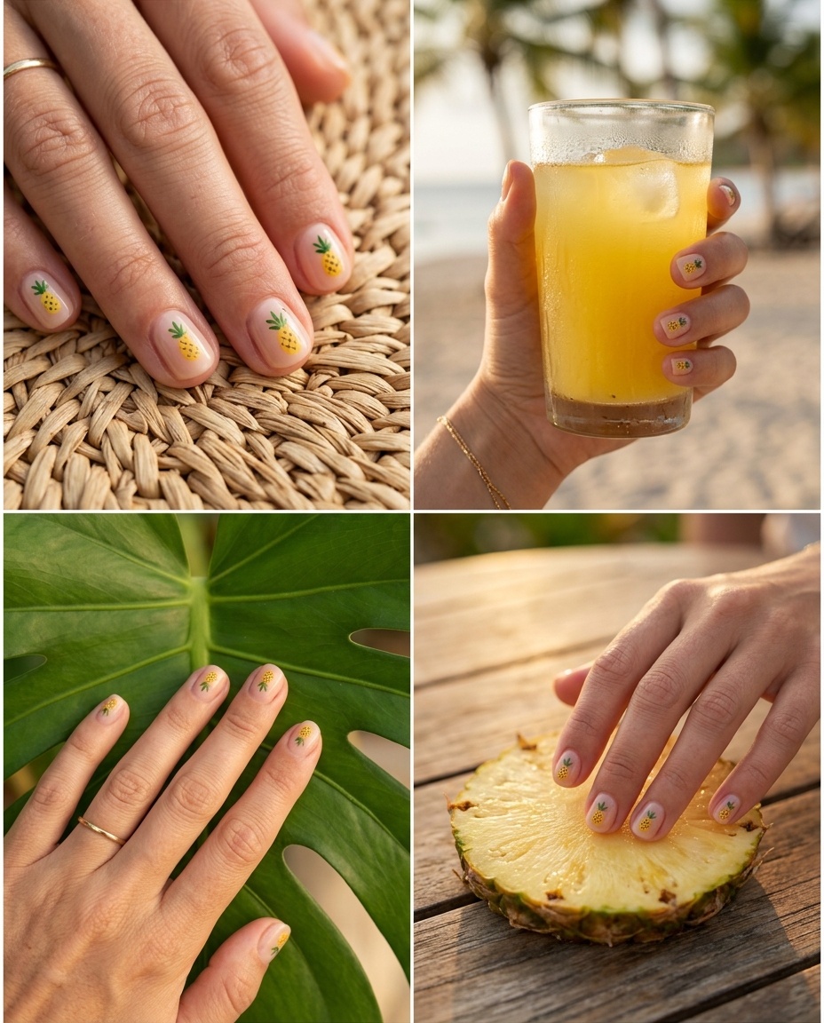 Tropical Nail Designs 2026: Pineapple Fun Tropical nail designs 2026: Sheer nude with cute yellow pineapple icons for a playful casual outing outfit.