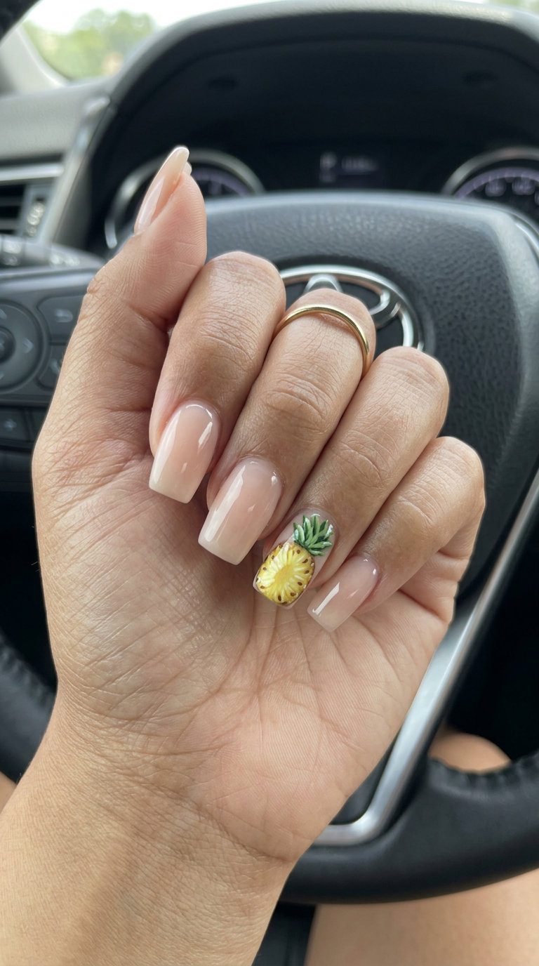 Pineapple Slice Accent Tropical Nails 2026 Realistic pineapple slice accent tropical nail designs 2026 for parties and summer fun.