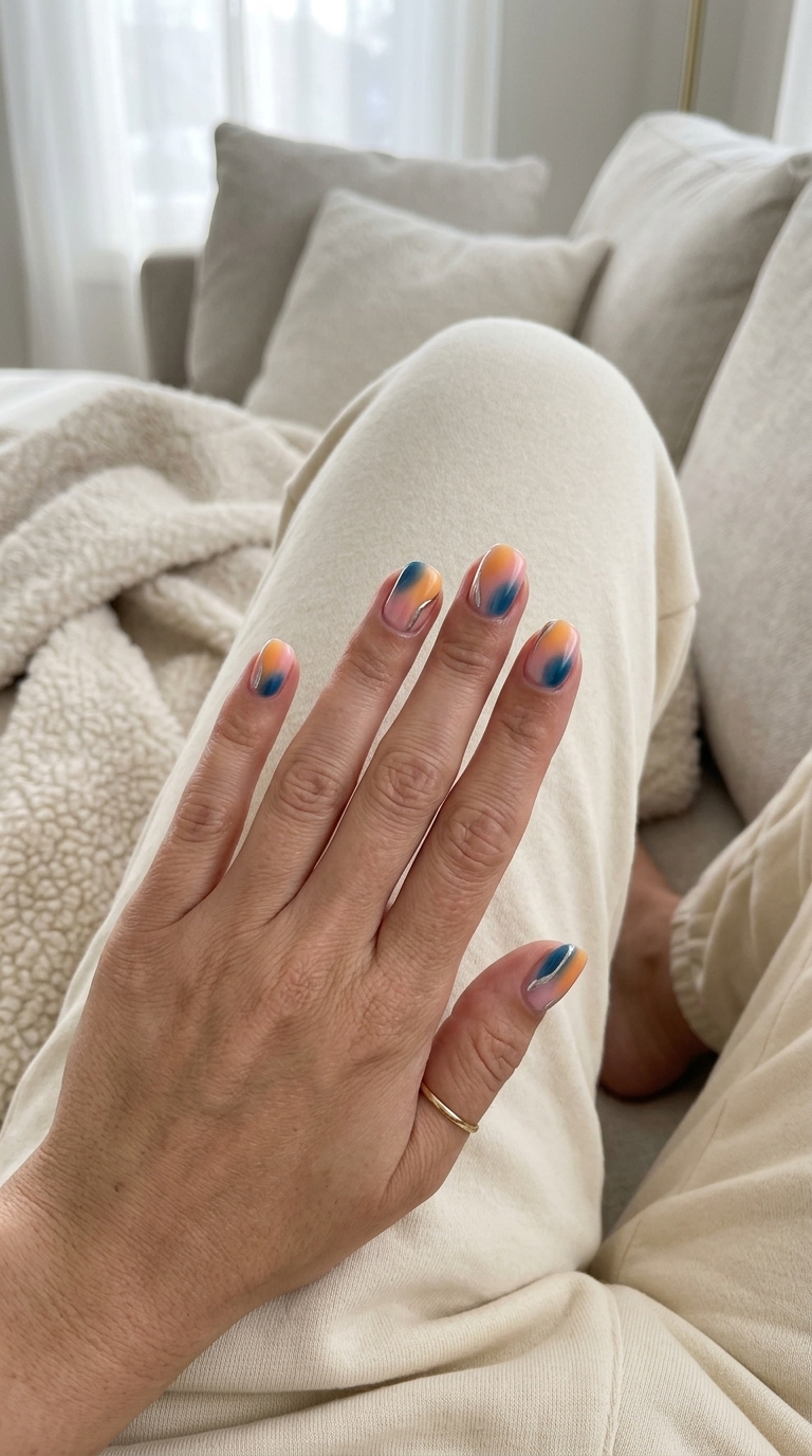 Tropical Nail Designs 2026: Sunset Chrome Tropical nail designs 2026: Sunset chrome abstract with mango orange, pink, and blue for a modern evening drinks outfit.